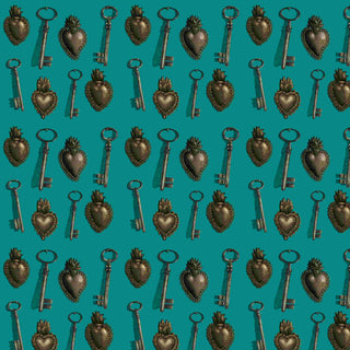 pattern of metal hearts and old keys with shadows on jade background