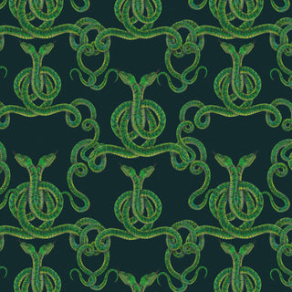 pattern of green entwined snakes on a dark green background