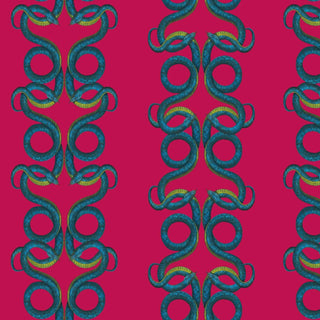 pattern of entwined turquoise snakes on bright magenta background