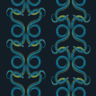 pattern of turquoise snakes on a dark blue background